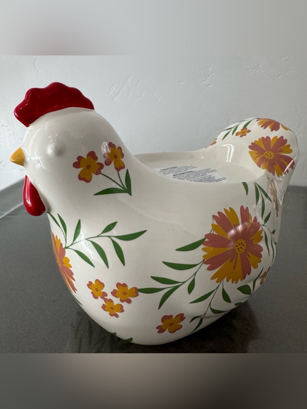 Bath & Body Works Cream Ceramic Hen with Red Comb and Orange Floral Pattern